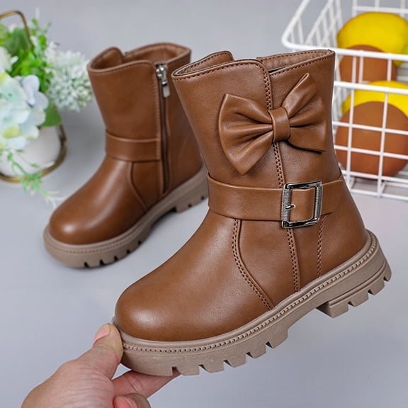 Girls Ankle Boots Bow Buckle Side Zipper High Top Boots Kids Trendy Versatile Comfy Chunky Heel Non-Slip Shoes for Daily Wear Brown 12.5 Little Kids