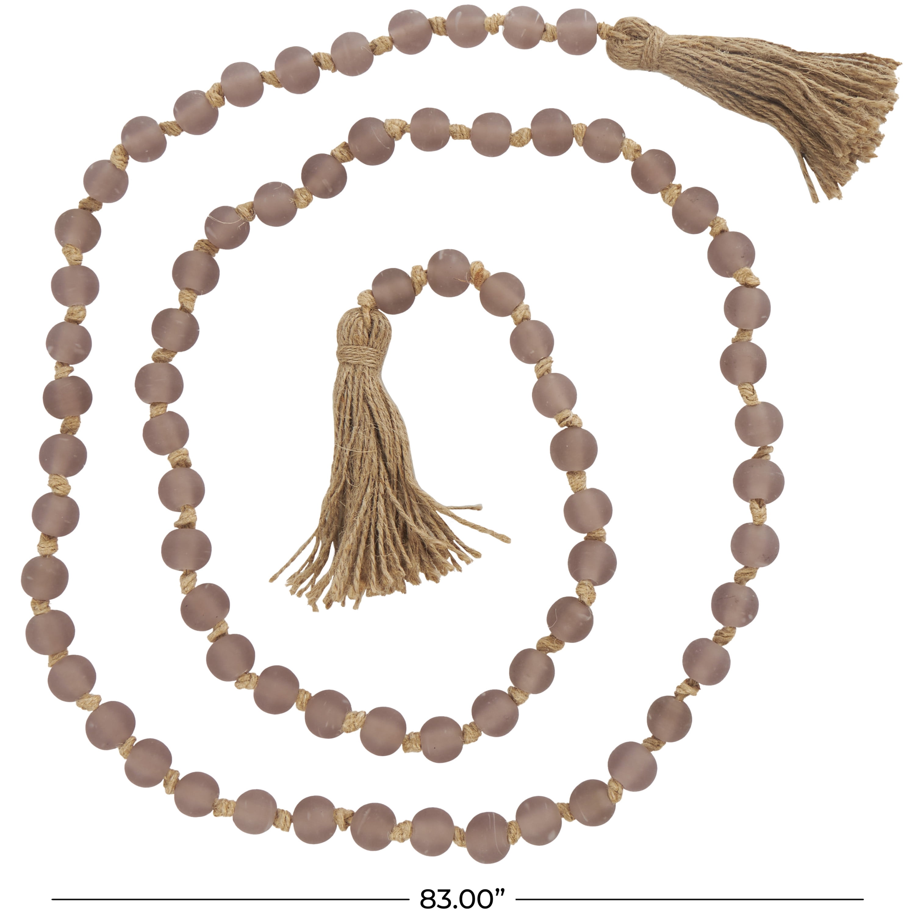 DecMode Handmade Round Long Frosted Beaded Pink Glass Garland with Tassel with Knotted Brown Jute