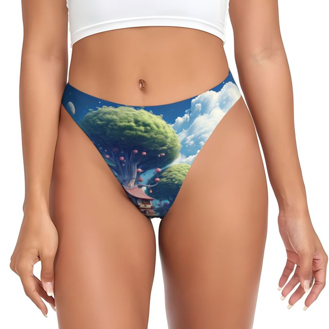 Balery Fantasy Treehouse Planet Scene Tangas de Algodón para Mujer con Estampado – Ropa Interior Sexy, Transpirable, G-string-3X-Large