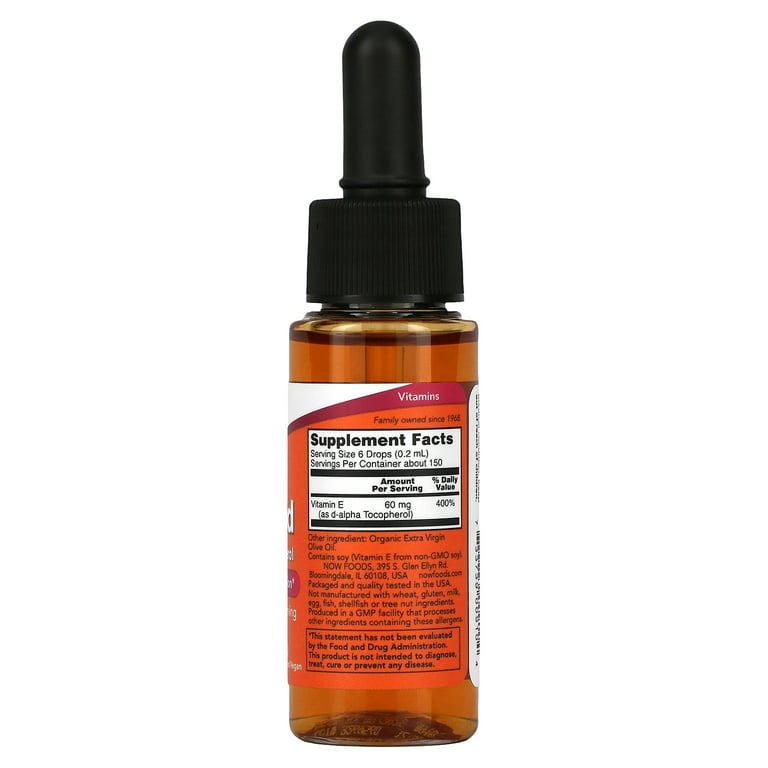 NOW Vitamin E Liquid Antioxidant Protection, D-Alpha Tocopherol, 60 mg,  Non-GMO, Vegetarian, 1 oz - Walmart.com