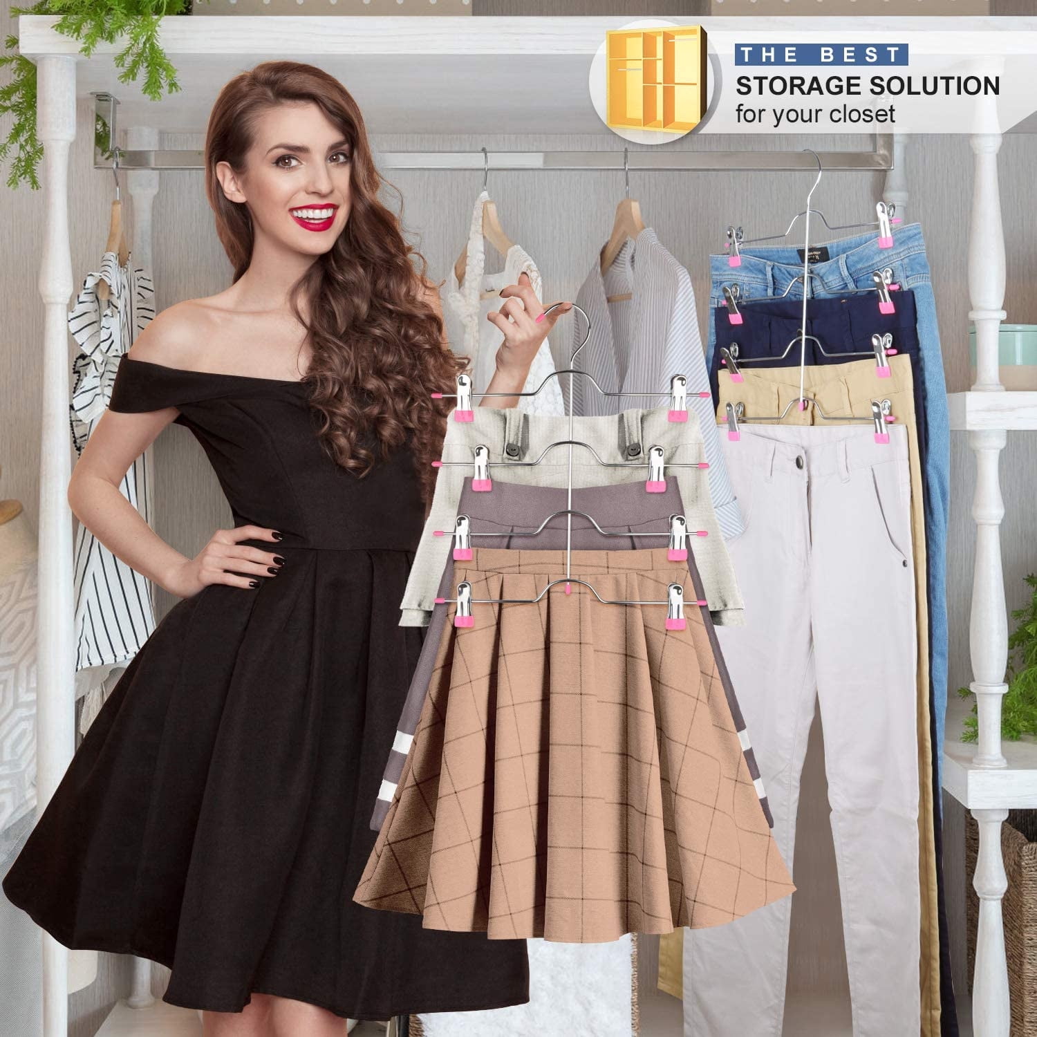 Casewin Space Saving 5 Tier Metal Skirt Hanger with Clips(2pk) Hang 5-on-1, Gain 70% More Space,Rubber Coated Hanger Clips,360 Swivel Hook,Adjustable Clips Pants Hanger,Hang Slack,Trouser,Jeans,Towels