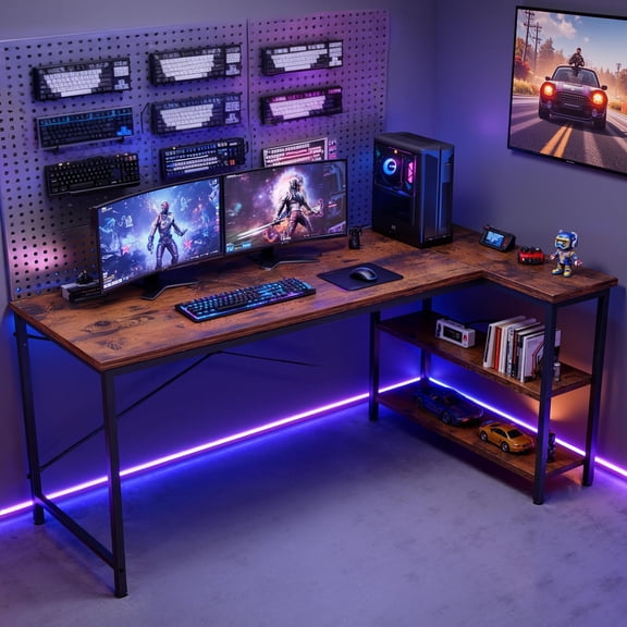 Rustic Brown 47 Inch L Shaped Desk, Computer Gaming Corner Desks with Shelves, Home Office PC Table Writing Working Study Desk