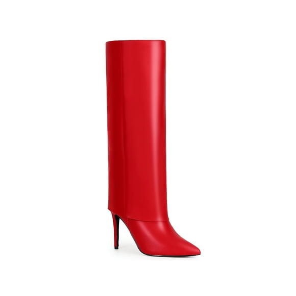 BLISSFUL STEP Women's Boots Fold Over Knee High Stiletto Heel Pointed Toe Side Zip Faux Leather Boots Red 8