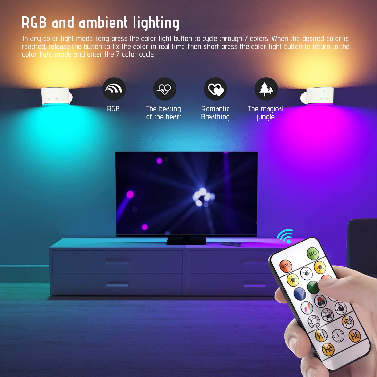 Gnmfd Up & Down LED Wall Sconce 4 Color Temperature Dimmable Battery Operated Touch Remote Control Reading Bedside Night Light RGB Ambience Lamp Lights for Bedroom