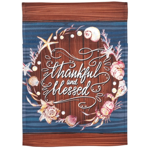 Magnolia Gardens M080140 13 x 18 in. Wreath Coastal Thankful & Blessed Printed Garden Flag