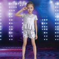 thumbnail image 2 of CAICJ98 Kid Girl Shiny Top and Shorts Set 2 Pcs Short Sleeve Metallic Disco Crop Top & Shorts Set Performance Dancewear (White,3-4 Years), 2 of 4