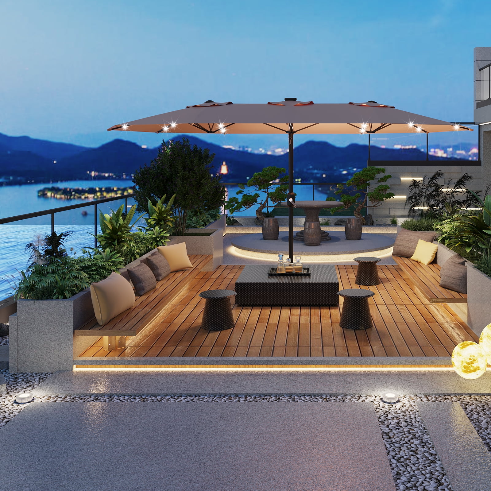 15ft Patio Umbrella with Solar Lights, Outdoor Large Umbrellas with Crank Handle and 36 LED Lights, Rectangular Market Umbrella with Base Included for Deck Pool Shade