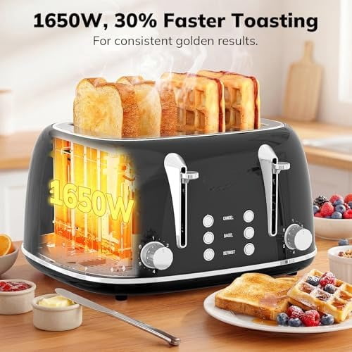 Toaster 4 Slice, Retro Stainless Steel Wide Slot Toaster with Dual Independent Controls, 6 Browning Levels, Bagel, Defrost, Reheat & Cancel, Removable Crumb Tray, Black