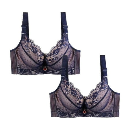 HCURIBAD Bras for Women Pack  Push up bras 2Pcs Women s Four Rows Adjustable Underwear Large Size Gathering Bra (Solid Color)  Wireless Bras for Women  Sports Bras 2PC Underwear Blue L