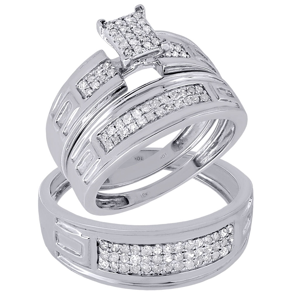 10K White Gold Diamond Trio Set Matching Engagement Ring & Wedding Band ...