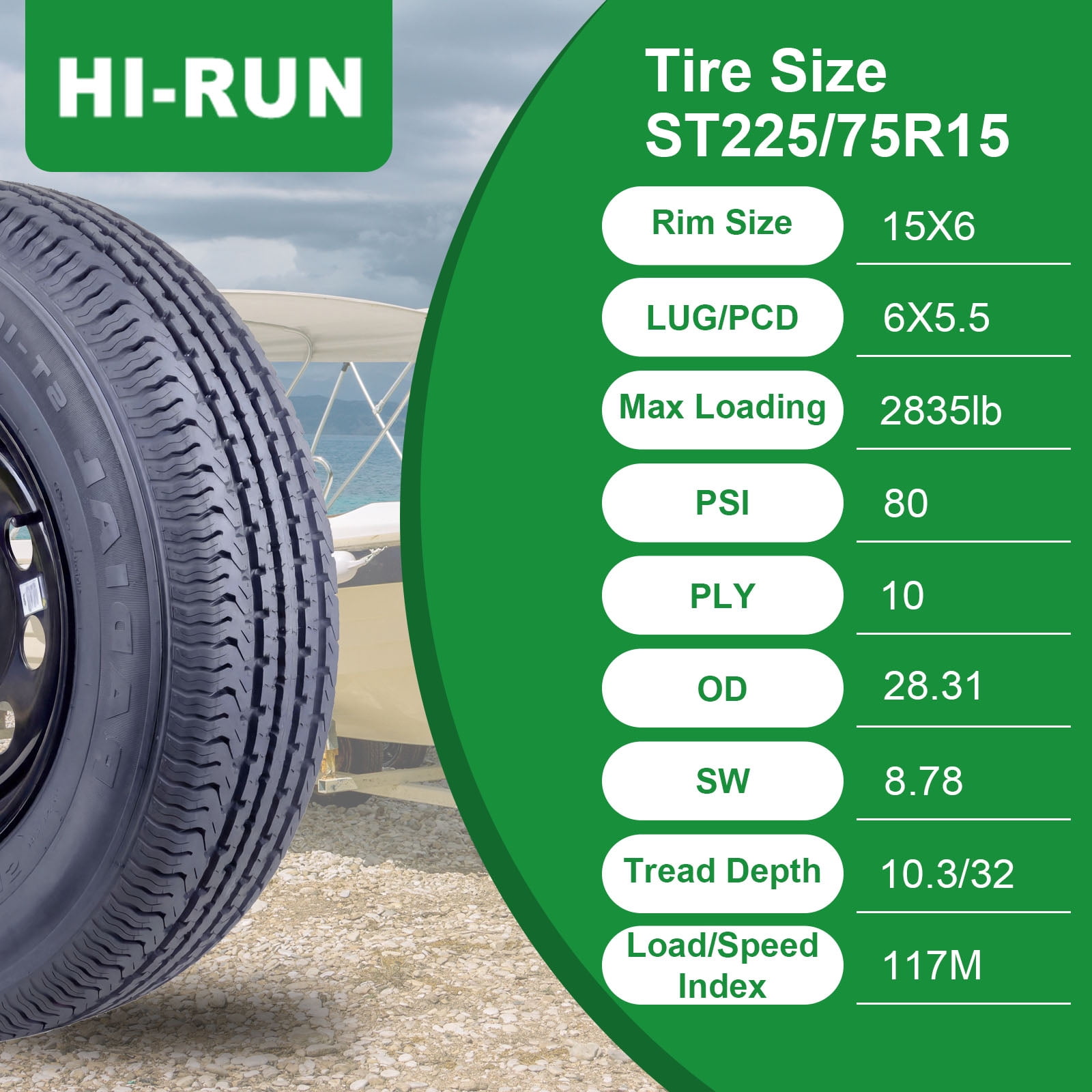 Hi-Run 2 Set ST100 ST225/75R15 10PR 117M Trailer Tire & 15X6 6 Lugs on 5.5" PCD Black Wheel Assembly Fits 225/75/15, 225 75 15