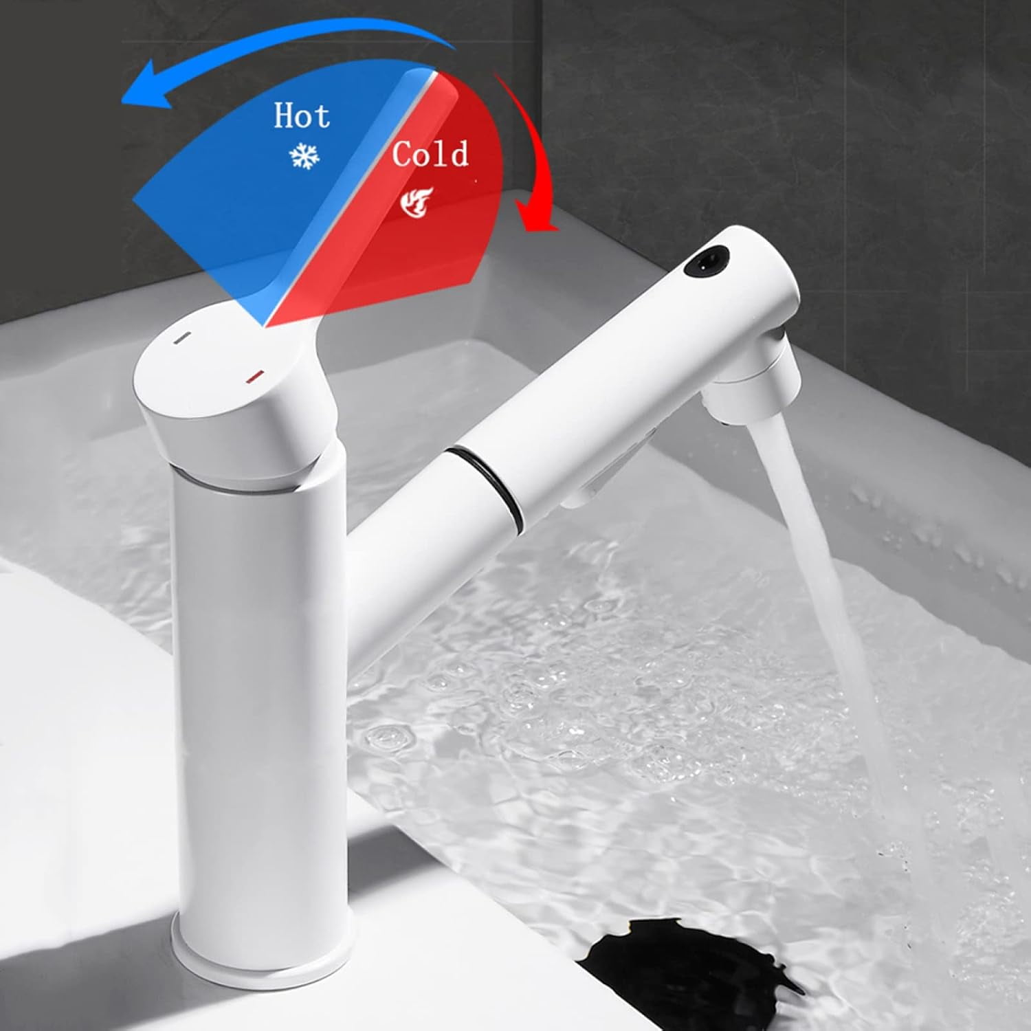 Bathroom Sink Faucet with Pull Out Sprayer,Single Hole Bathroom Sink Faucet with 3 Modes,Brass Single Handle for Hot and Cold Water Vanity Basin Faucet,White