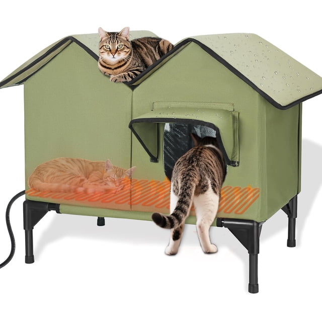 Maison pour Chat Chauffante, Grande Maison pour Chat d'Extérieur Chauffée pour l'Hiver avec Coussin Chauffant pour Chat, Porte d'Évasion, Maison pour Chat Isolée Surélevée d'Extérieur Résistante aux Intempéries pour Plusieurs Chats Petits Chiens