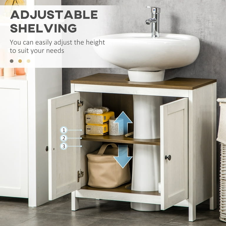 kleankin Under-Sink Bathroom Cabinet, Storage Unit with U-Shape Cut-out and  Adjustable Internal Shelf, White and Grey w/U-Shape Design, Space Saver