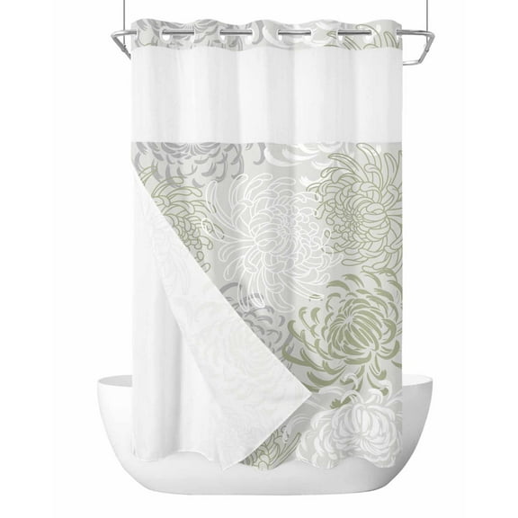 No Hook Cloth Fabric Shower Curtain with Snap in Liner, Sage Green White Waterproof Shower Curtains Set with See Through Top Window, Abstract Grey Chrysanthemum Flower Bath Curtains Shower 36"x78"