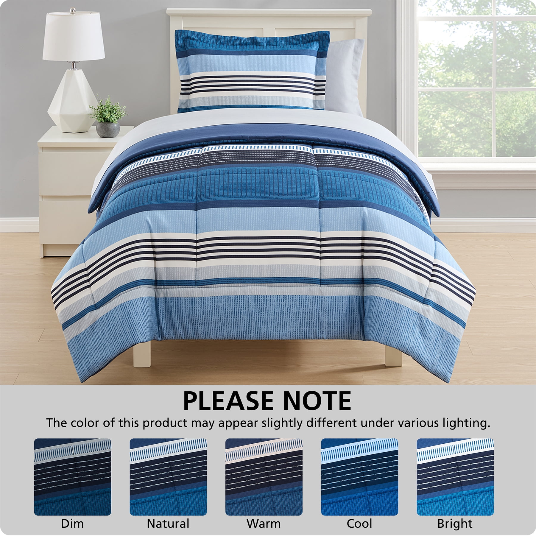 Mainstays All-in-One Reversible Comforter and Sheet Set, 5-Piece, Twin/Twin XL, Blue Stripe