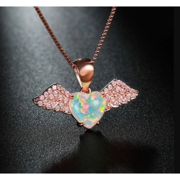 Luxe Dainty White Opal Heart With Angel Wing 925 Sterling Silver 14K Rose Gold Over Gift For Women