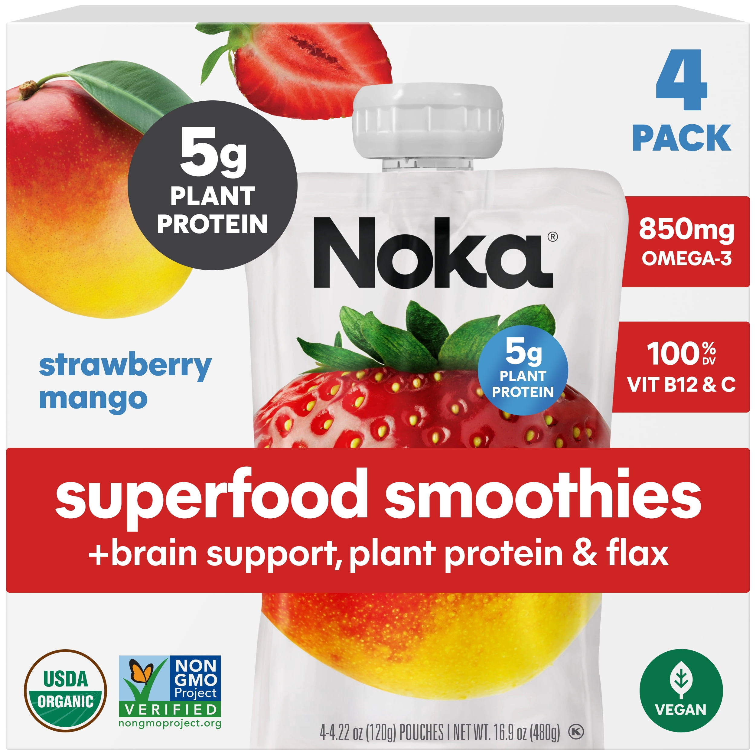 (3 pack) Noka Organic Superfood Smoothie Pouches, Plant Protein, Strawberry Mango, 4.22oz, 4 Pack