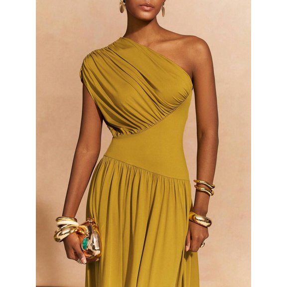 Mustard Yellow One-Shoulder Pleated Waist A-Line Long Dress For Women