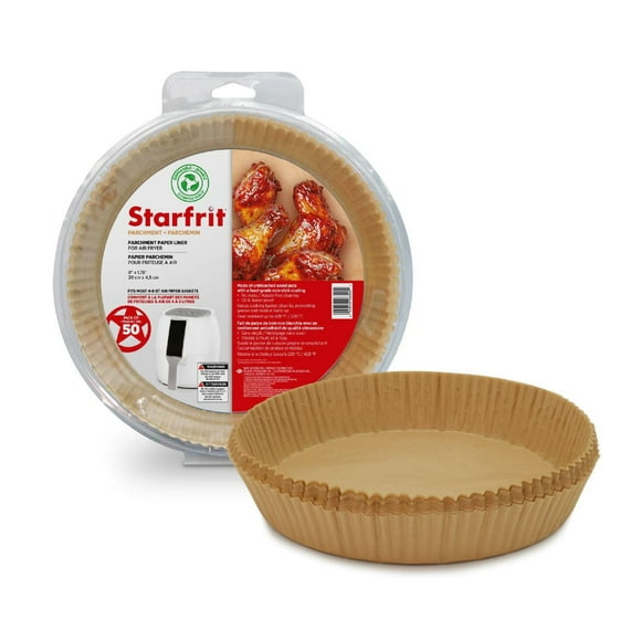 Starfrit Lot de 50 doublures jetables en papier parchemin pour friteuse à air – Antiadhésives – Résistantes à l'huile – Imperméables – Forme ronde de 20,3 cm (8") - Pour paniers de 5 à 8 L