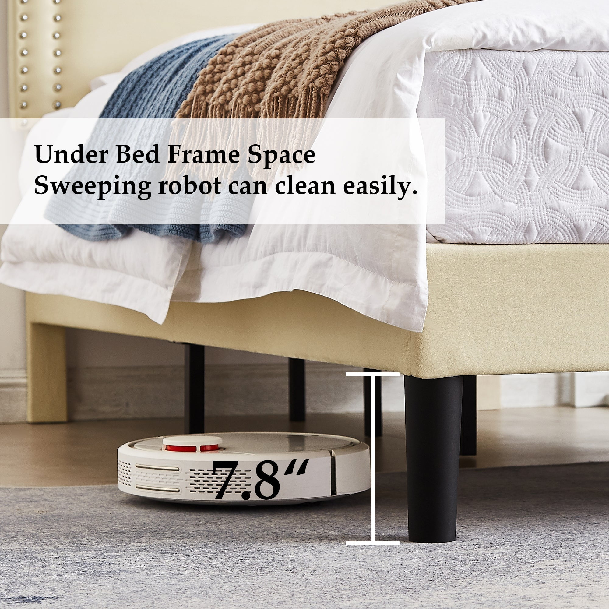 VECELO Queen Size Platform Bed Frame with Adjustable Height Upholstered Headboard, Strong Wood Slat Support, No Box Spring Needed, Beige