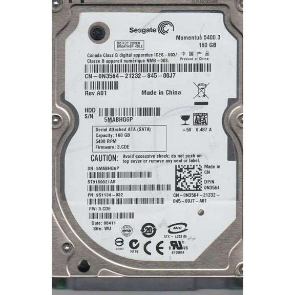 ST9160821AS, 5MA, WU, PN 9S1134-032, FW 3.CDE, Seagate 160GB SATA 2.5 Hard Drive