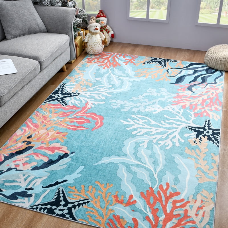 TWINNIS Area Rugs Floral Boho Rug Floor Carpet for Living Room Bedroom,6'x9',Blue
