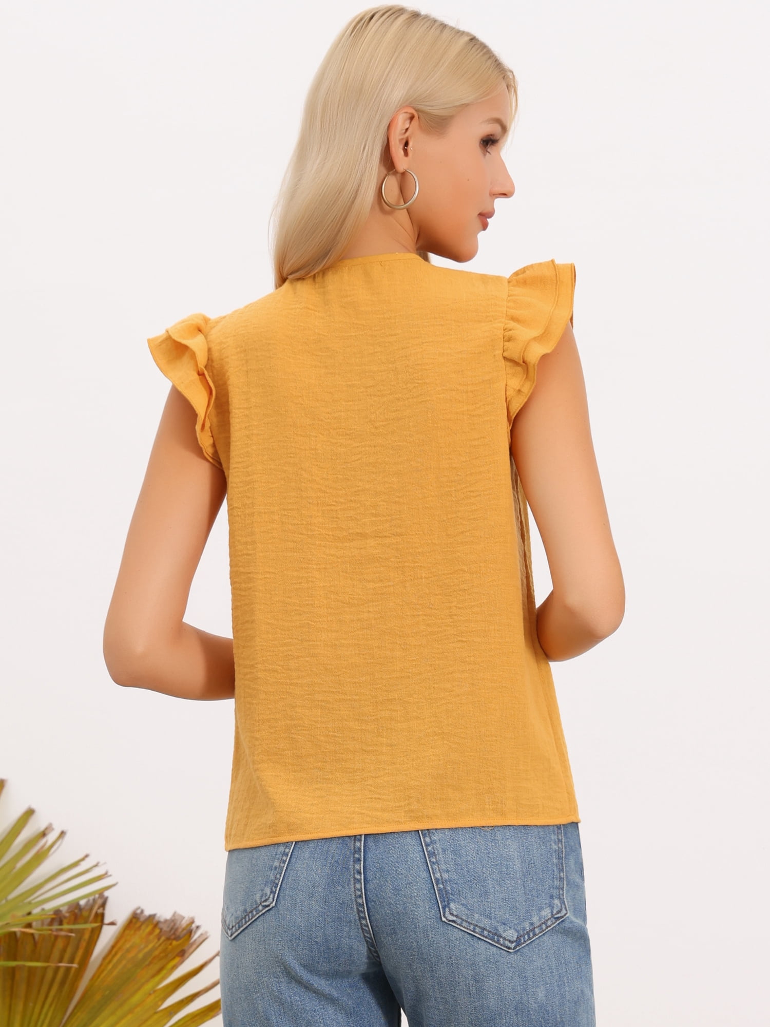 DARING DIVA Women's Ruffle Crew Neck Layer Cap Sleeve Blouses XS Yellow