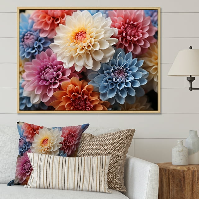 Designart Chrysanthemums framed wall art decor, Chrysanthemums framed wall Art, Chrysanthemums Vibrant composition I , Multi-Color Traditional Natural framed wall art, Natural brown color Frame