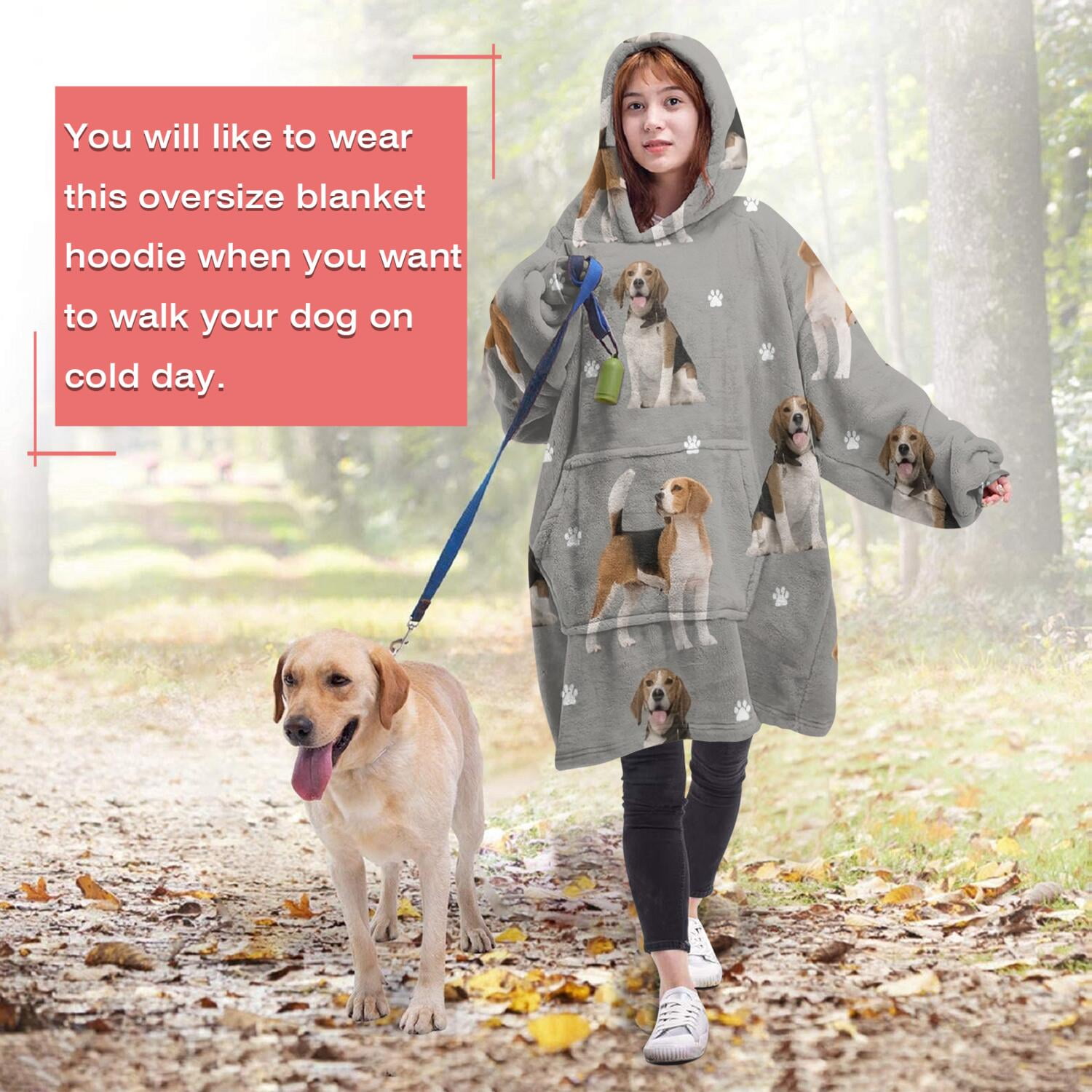 Beagle and Dog Footprints Wearable Oversized Blanket,Wearable Blanket Hoodie for Adults,Cozy Hooded Blankets with Super Pockets,Super Warm Fuzzy Pullover for Women & Men
