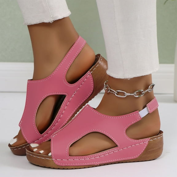 Genuine Leather Women's Sandals with Memory Foam Natural Cork Fashion Casual Summer Large Size Solid Color Open Toe Thick Bottom Wedge Sandals