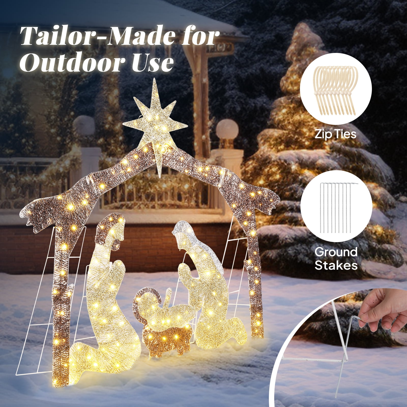 6ft Christmas Nativity Scene Decoration Brown Roof with 190 LED Lights Durable Garden Jesus Mary Joseph Set Easy-Install Reusable Outdoor Holiday Decor