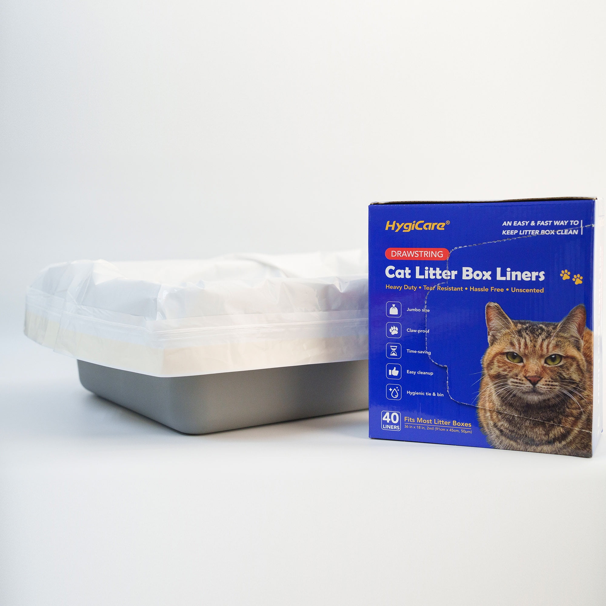 HygiCare Cat Litter Box Liners, 40ct, Jumbo Size, 36"x18", Heavy Duty, Tear Resistant, Claw-Proof