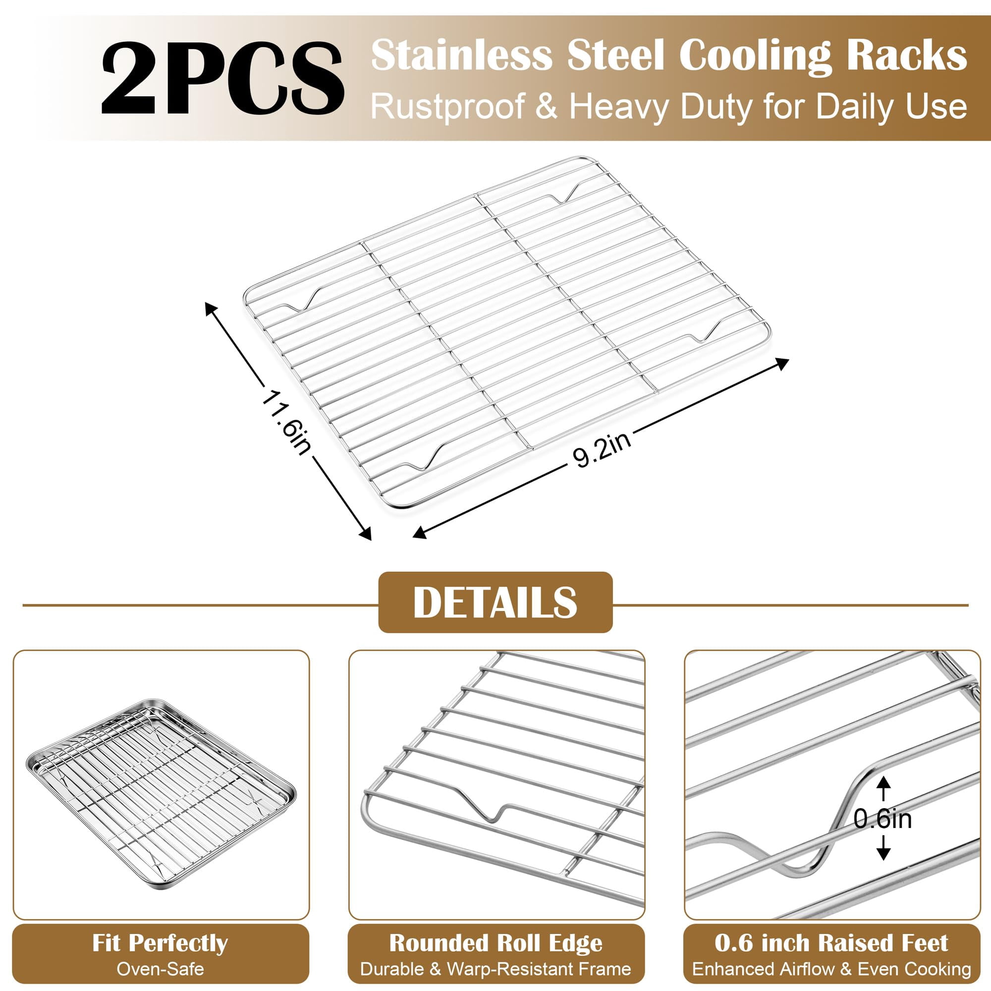 Baking Sheet Set with Wire Racks, Stainless Steel, 2 Pans + 2 Racks, 12.4''x9.7''