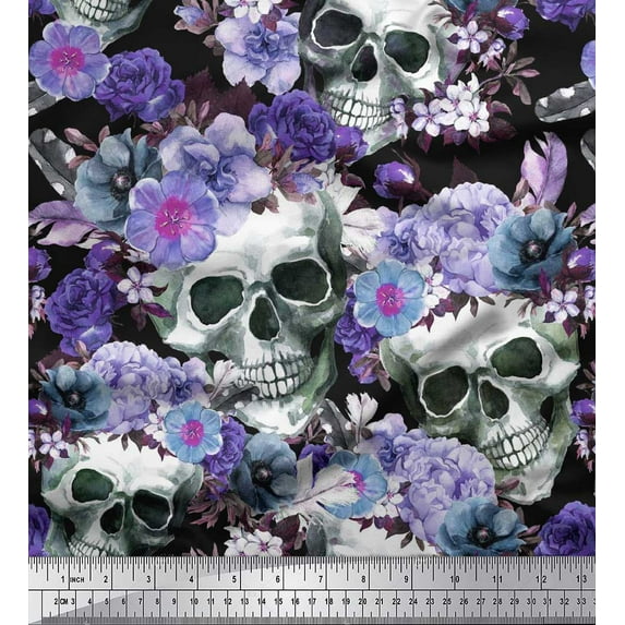 Soimoi Modal Satin Fabric Skull,Rose & Anemone Flower Print Sewing Fabric Yard 42 Inch Wide