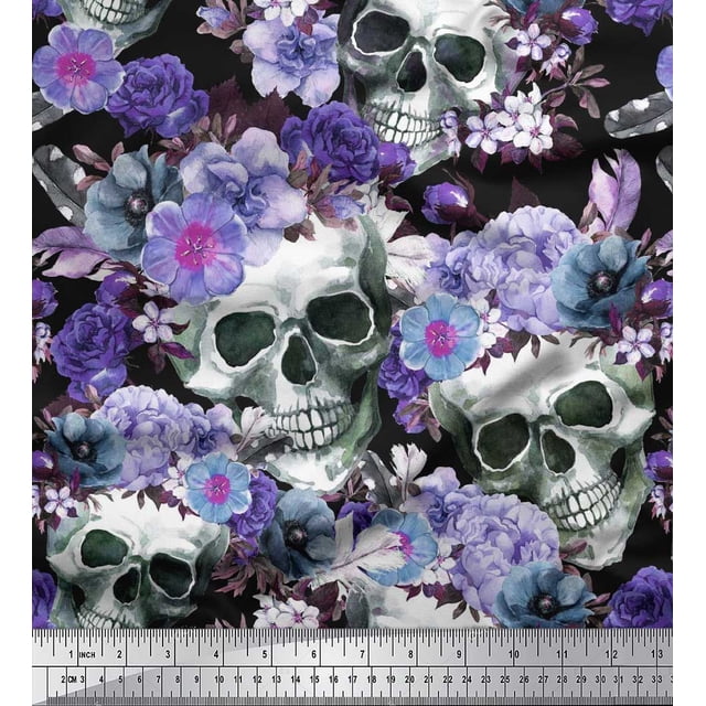 Soimoi Velvet Fabric Skull,Rose & Anemone Flower Print Fabric by Yard 58 Inch Wide