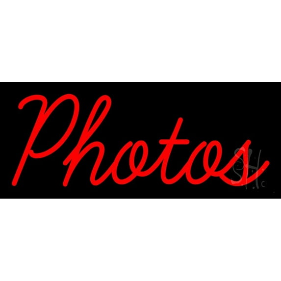Red Cursive Photos LED Neon Sign 6 x 15 - inches, Black Square Cut Acrylic Backing, with Dimmer - Bright and Premium built indoor LED Neon Sign for art gallery, and exhibition.