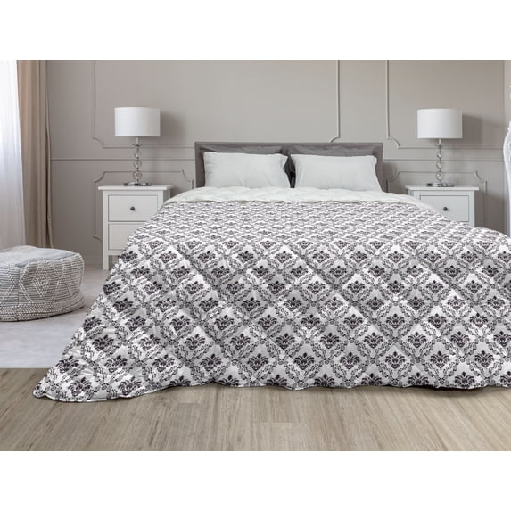 Damask Down Alternative Comforter, Popular Floral Damask Leaf Detailed Pattern European Retro Style Art Image, Microfiber Quilt for All Season, 5 Sizes, Grey White, by Ambesonne