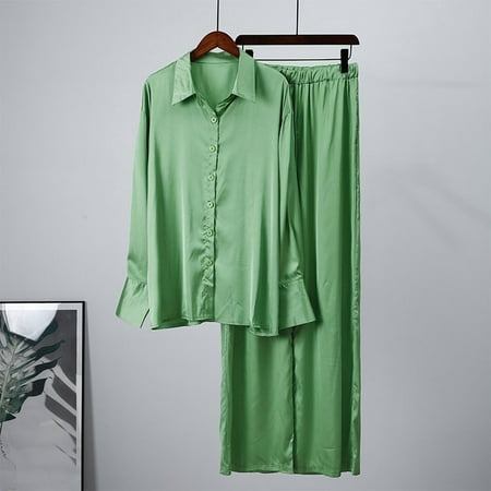Elegant Satin Women's Matching Sets Casual Long Sleeve Shirt Straight Pants  Suit