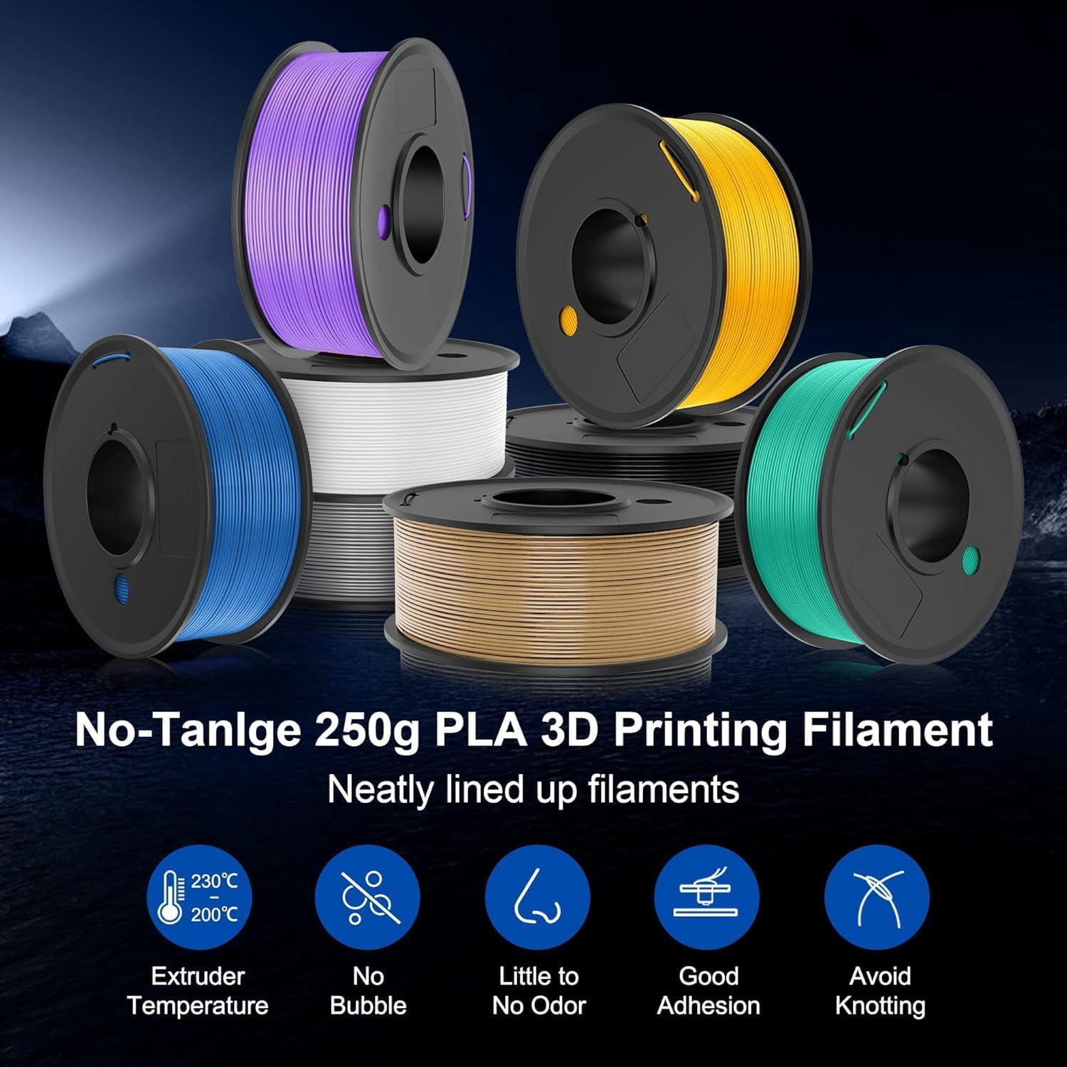 PLA Filament 1.75mm Bundle, 3D Printer Filament Bundle 250g, 8 Rolls, 2kg Total, Black+White+Grey+Transparent+Red+Klein Blue+Sunny Orange+Green