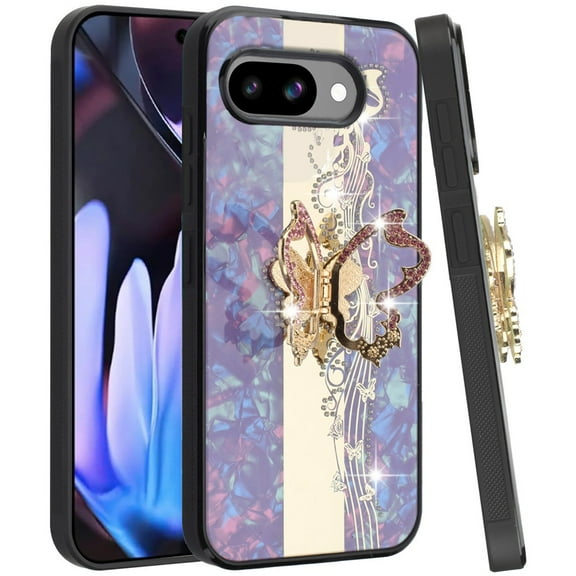 Designed for Google Pixel 9A Diamonds 3D Butterfly Bling Sparkly Glitter Ornaments Engraving Hybrid with Ring Stand Fashion Phone Case Cover - Enchanted Butterfly Purple