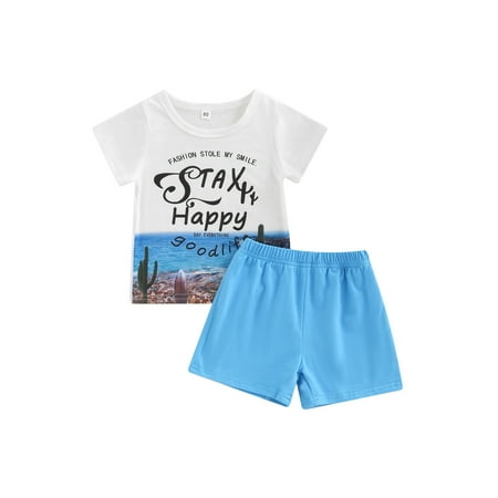

Suanret Toddlers Kids Boy Short Sleeve Tops Shorts Infants Elastic Waist Letter Seaside Print Summer Streetwear Blue 18-24 Months