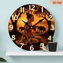 2D Flat 1pc 10Inch Wooden African Exotic Wall Clock - Silent Quartz Movement, Vibrant Sunset Design with Elephants Traditional Attire, Round Shape, AA Battery Not Included - Perfect for Home Decor