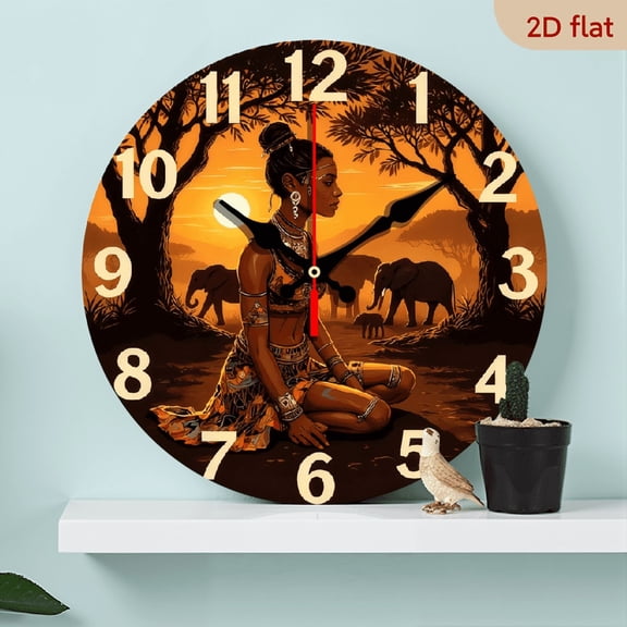 2D Flat 1pc 10Inch Wooden African Exotic Wall Clock - Silent Quartz Movement, Vibrant Sunset Design with Elephants Traditional Attire, Round Shape, AA Battery Not Included - Perfect for Home Decor