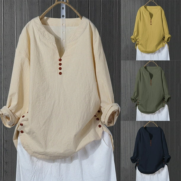 Women Laydy Summer Casual Large V-neck Loose Flax Pullover Blouse