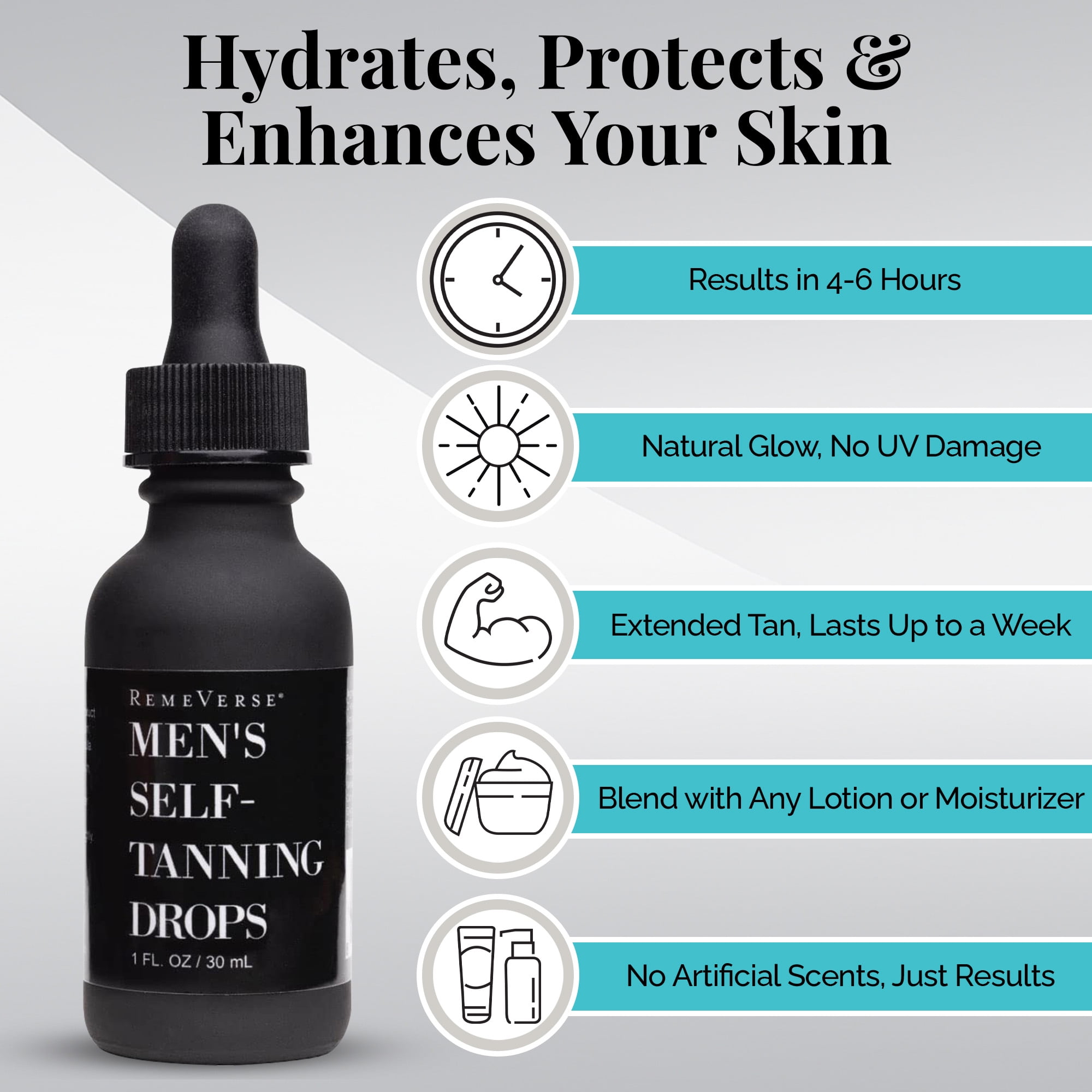 Men’s Self-Tanning Drops by RemeVerse: Sunless Tanner Formulated for Men to Achieve Natural-Looking Color & Even Skin Tone