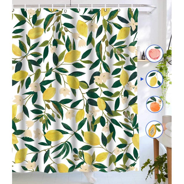 Cortinas de ducha de limón, cortina de ducha de frutas, hojas verdes, diseño de plantas, tela impermeable, juego de cortina de ducha de baño con 12 ganchos, verde amarillo 72 × 72