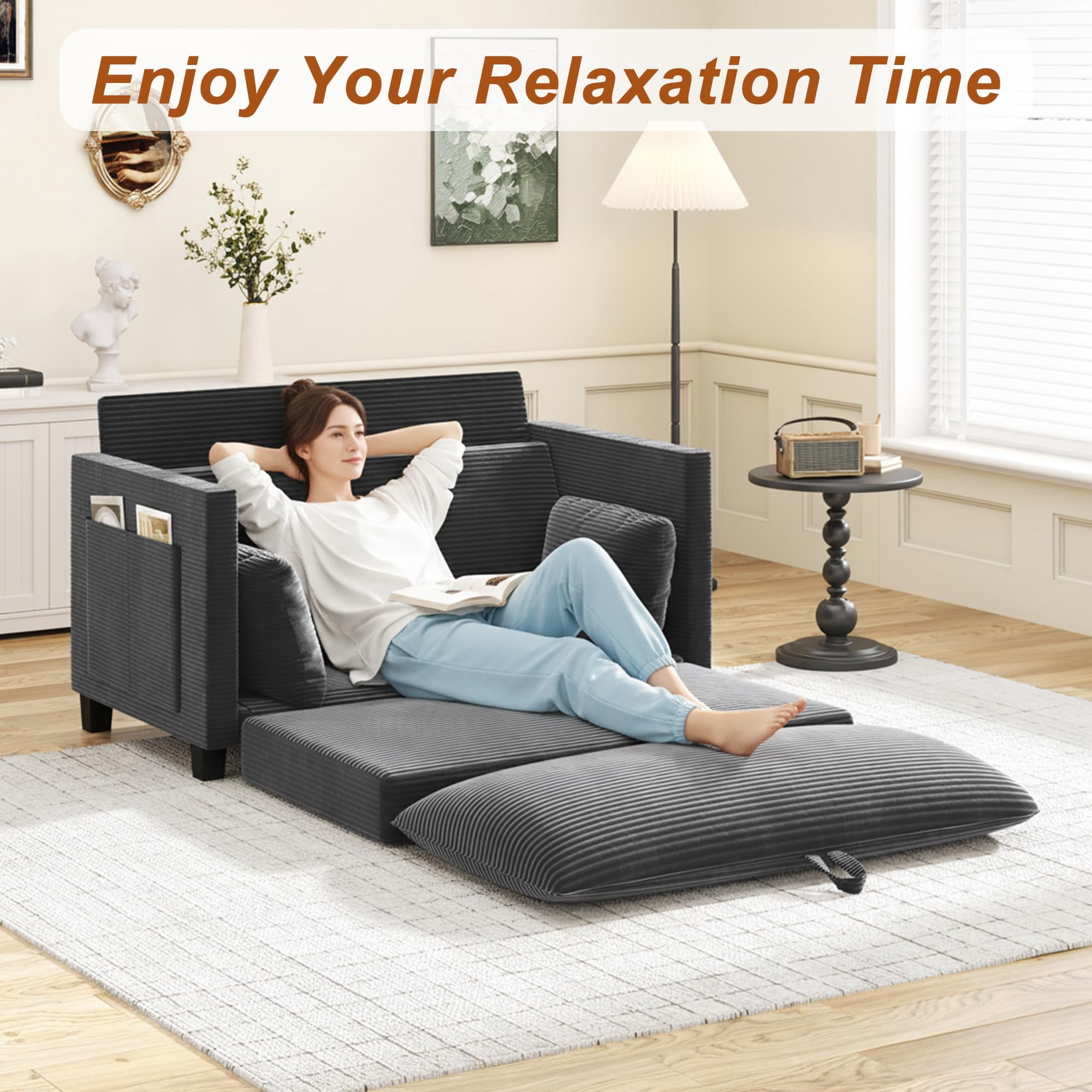 ANPOO 51 Inch Convertible Sofa Bed, 2-in-1 Folding Loveseat with Storage Pockets, 2 Pillows & Removable Cover, Modern Corduroy Sleeper Sofa for Small Spaces, Apartment and Living Room