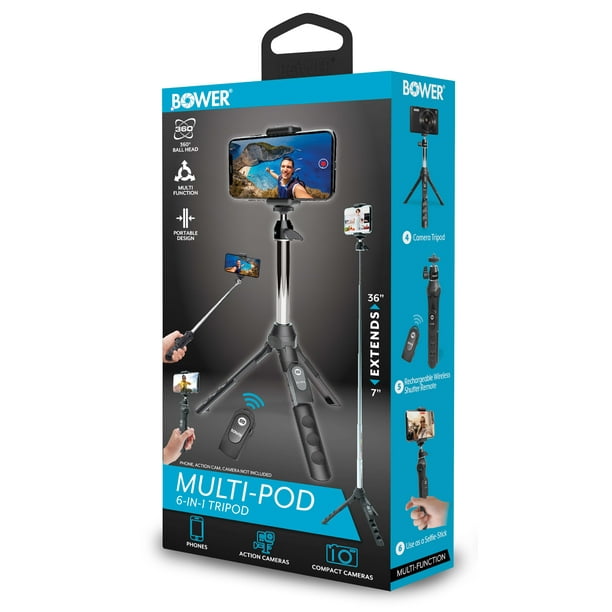 Bower 6-in-1 Multi Selfie Tripod With Smartphone & GoPro Mount, Rechargeable Wireless Remote - Black - Walmart Supplies