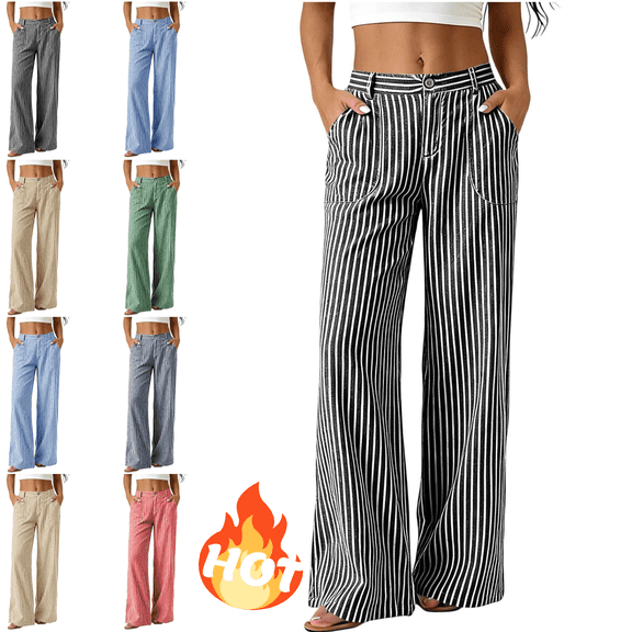 Mifsaly Striped Linen Pants Women High Waisted Flowy Palazzo Trousers Lightweight Casual Loose Fit Office Work Pants with Pockets Black,L
